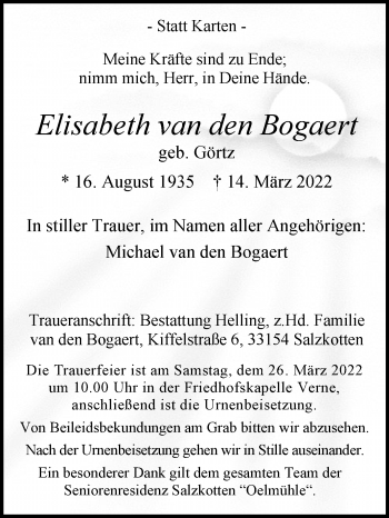 Traueranzeige von Elisabeth van den Bogaert von Westfalen-Blatt