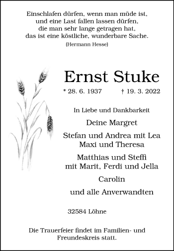 Traueranzeige von Ernst Stuke von Westfalen-Blatt