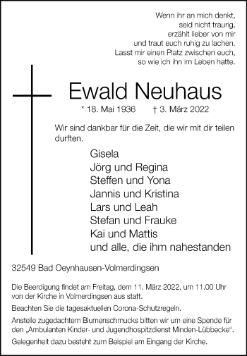 Traueranzeige von Ewald Neuhaus von Westfalen-Blatt