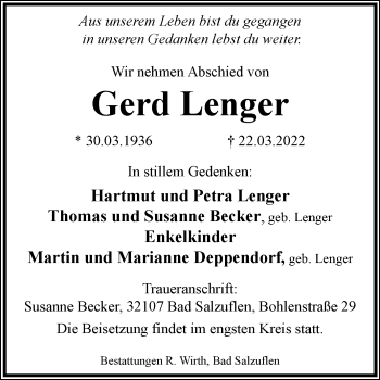 Traueranzeige von Gerd Lenger von Westfalen-Blatt