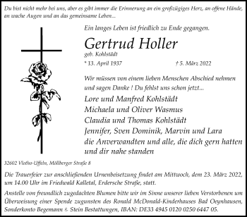 Traueranzeige von Gertrud Holler von Westfalen-Blatt