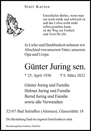 Traueranzeige von Günter Juring von Westfalen-Blatt