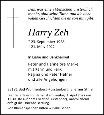 Traueranzeige von Harry Zeh von Westfalen-Blatt