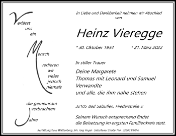 Traueranzeige von Heinz Vieregge von Westfalen-Blatt