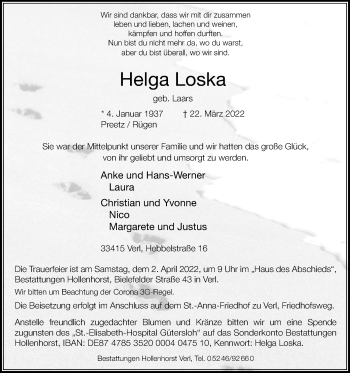 Traueranzeige von Helga Loska von Westfalen-Blatt