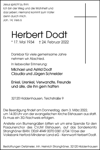 Traueranzeige von Herbert Dodt von Westfalen-Blatt