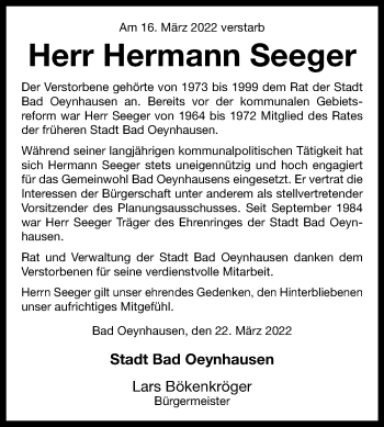 Traueranzeige von Hermann Seeger von Westfalen-Blatt