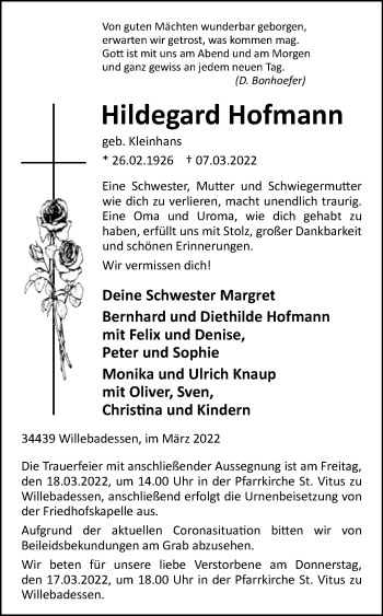 Traueranzeige von Hildegard Hofmann von Westfalen-Blatt