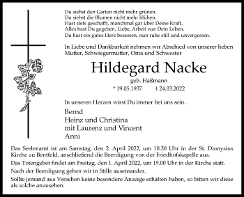 Traueranzeige von Hildegard Nacke von Westfalen-Blatt