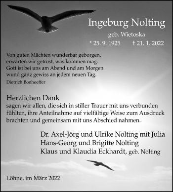 Traueranzeige von Ingeburg Nolting von Westfalen-Blatt