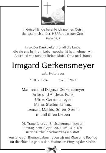 Traueranzeige von Irmgard Gerkensmeyer von Westfalen-Blatt