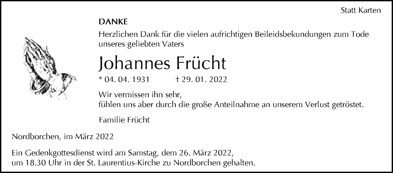  Traueranzeige für Johannes Frücht vom 23.03.2022 aus Westfalen-Blatt