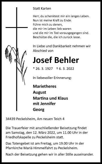 Traueranzeige von Josef Behler von Westfalen-Blatt