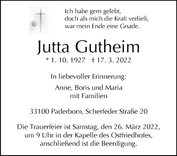 Traueranzeige von Jutta Gutheim von Westfalen-Blatt