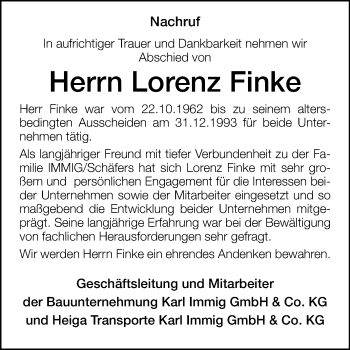 Traueranzeige von Lorenz Finke von Westfalen-Blatt