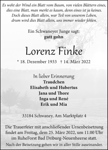 Traueranzeige von Lorenz Finke von Westfalen-Blatt