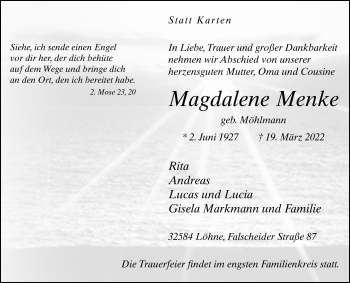 Traueranzeige von Magdalene Menke von Westfalen-Blatt