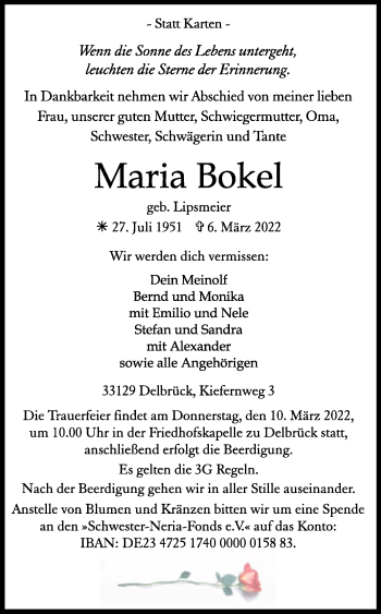 Traueranzeige von Maria Bokel von Westfalen-Blatt