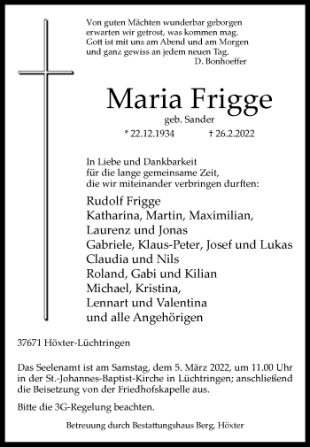 Traueranzeige von Maria Frigge von Westfalen-Blatt