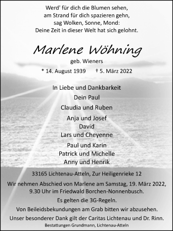 Traueranzeige von Marlene Wöhning von Westfalen-Blatt