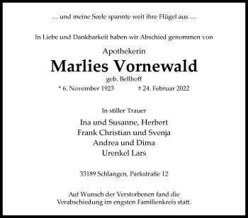 Traueranzeige von Marlies Vornewald von Westfalen-Blatt