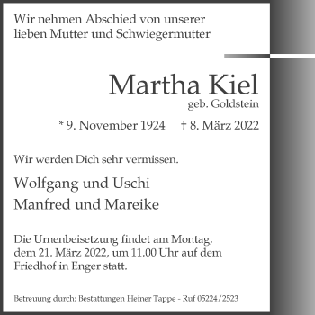 Traueranzeige von Martha Kiel von Westfalen-Blatt