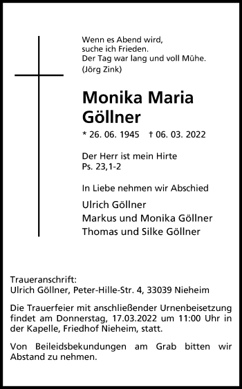 Traueranzeige von Monika Maria Göllner von Westfalen-Blatt