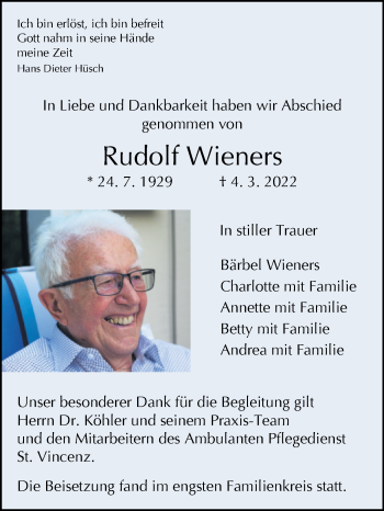 Traueranzeige von Rudolf Wieners von Westfalen-Blatt