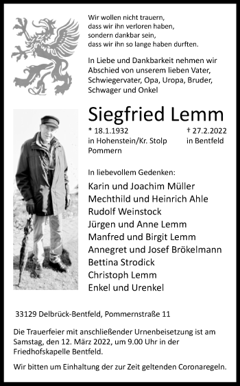 Traueranzeige von Siegfried Lemm von Westfalen-Blatt