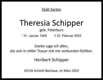 Traueranzeige von Theresia Schipper von Westfalen-Blatt