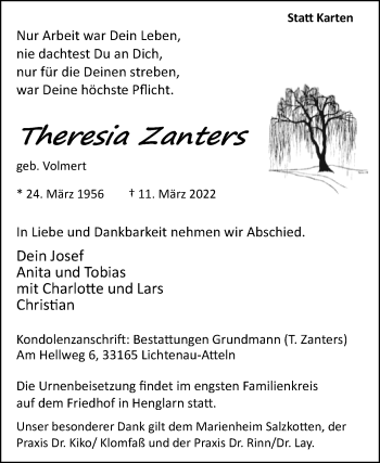 Traueranzeige von Theresia Zanters von Westfalen-Blatt