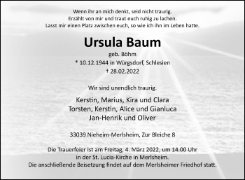 Traueranzeige von Ursula Baum von Westfalen-Blatt