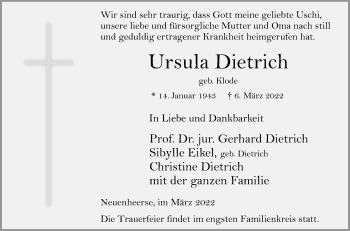 Traueranzeige von Ursula Dietrich von Westfalen-Blatt