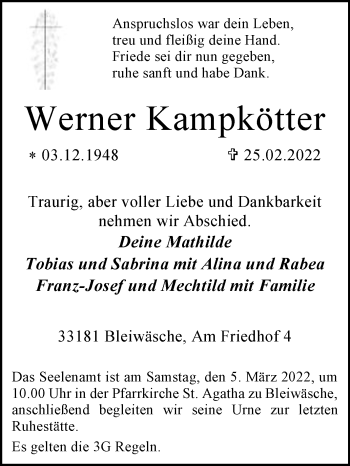 Traueranzeige von Werner Kampkötter von Westfalen-Blatt