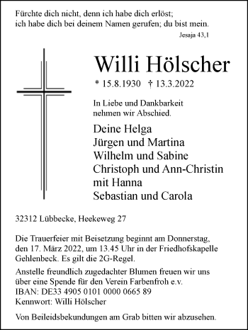 Traueranzeige von Willi Hölscher von Westfalen-Blatt