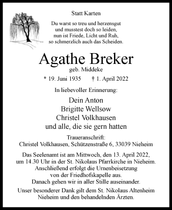 Traueranzeige von Agathe Breker von Westfalen-Blatt