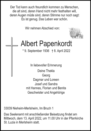 Traueranzeige von Albert Papenkordt von Westfalen-Blatt