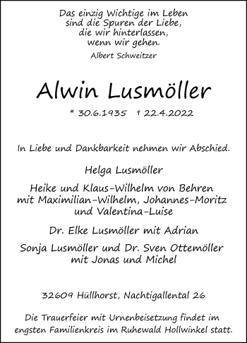 Traueranzeige von Alwin Lusmöller von Westfalen-Blatt