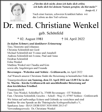 Traueranzeige von Christiane Wenkel von Westfalen-Blatt