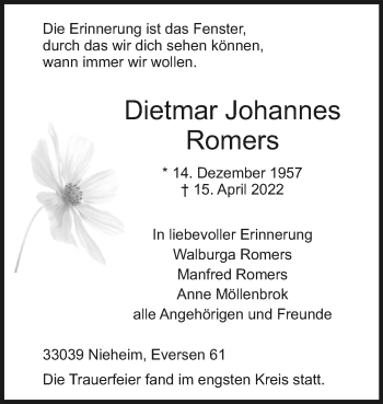 Traueranzeige von Dietmar Johannes Romers von Westfalen-Blatt