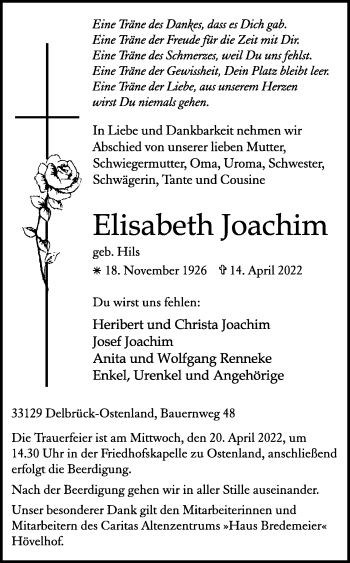 Traueranzeige von Elisabeth Joachim von Westfalen-Blatt