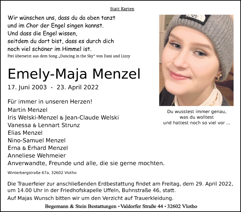  Traueranzeige für Emely-Maja Menzel vom 27.04.2022 aus Westfalen-Blatt