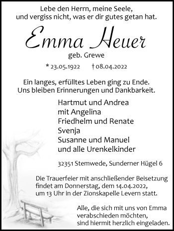 Traueranzeige von Emma Heuer von Westfalen-Blatt