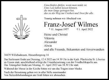 Traueranzeige von Franz-Josef Wilmes von Westfalen-Blatt