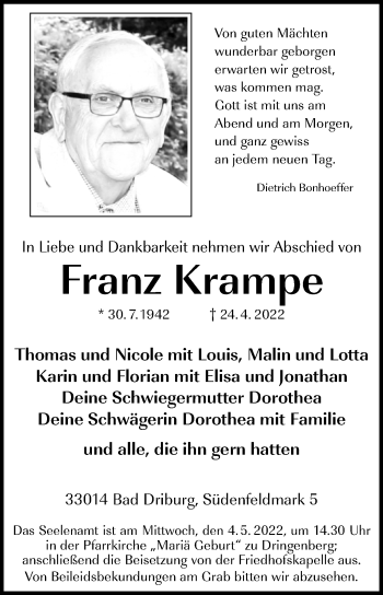 Traueranzeige von Franz Krampe von Westfalen-Blatt