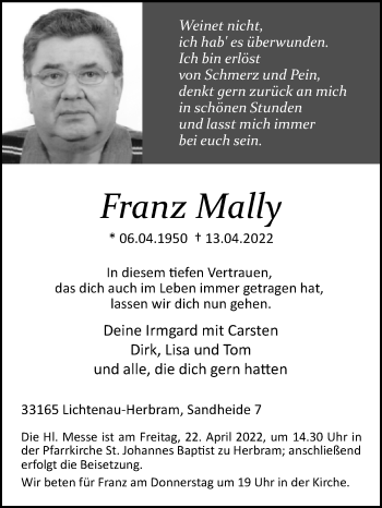 Traueranzeige von Franz Mally von Westfalen-Blatt