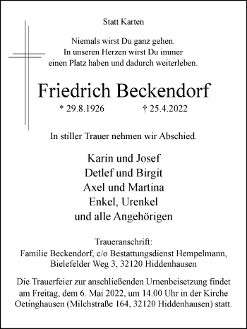 Traueranzeige von Friedrich Beckendorf von Westfalen-Blatt