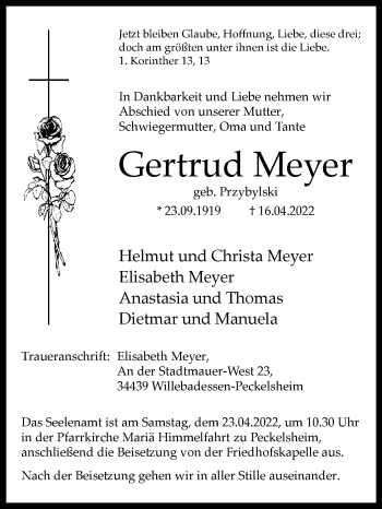 Traueranzeige von Gertrud Meyer von Westfalen-Blatt