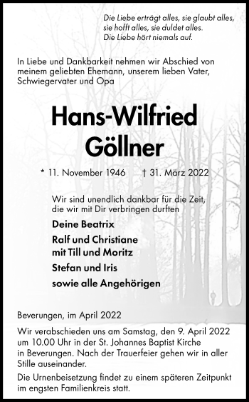 Traueranzeige von Hans-Wilfried Göllner von Westfalen-Blatt