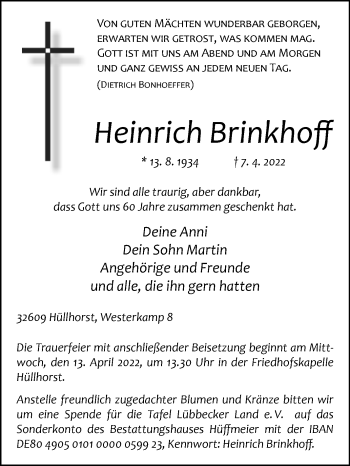 Traueranzeige von Heinrich Brinkhoff von Westfalen-Blatt